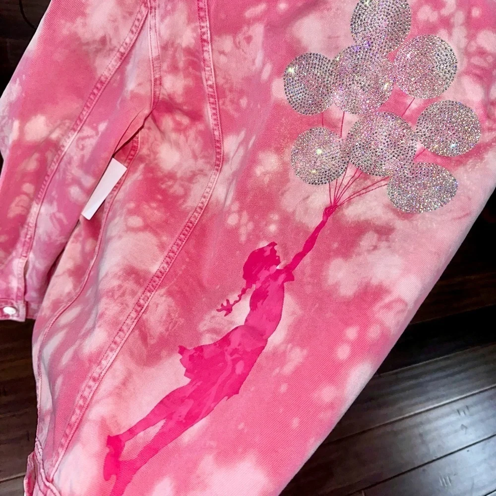 Rare💕Oversized jacket Guess Pink Tie Dye denim jacket y2k bling jacket Banksy - Picture 13 of 17